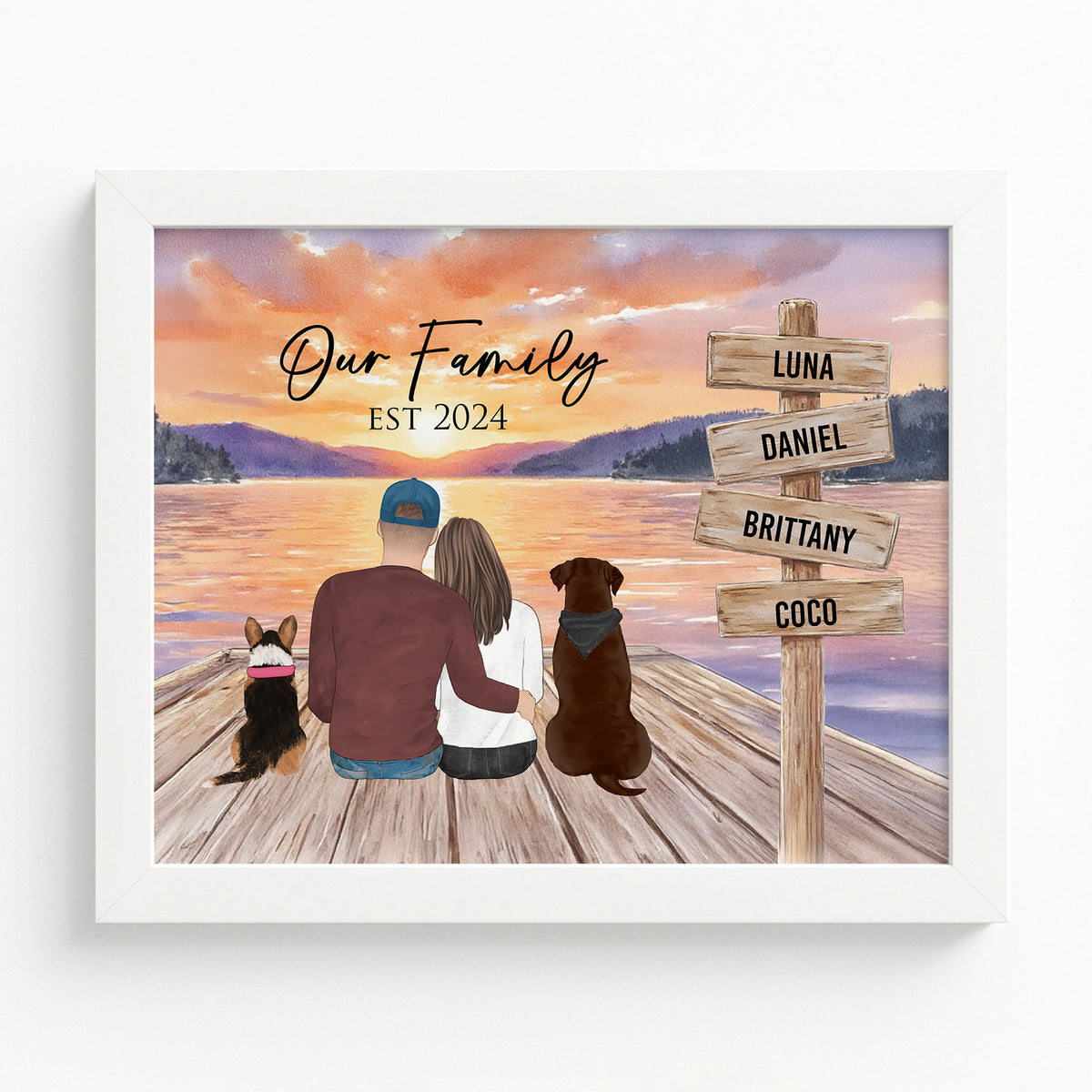Custom Couple & Dogs Lakeside Dock Portrait | Anniversary Gift