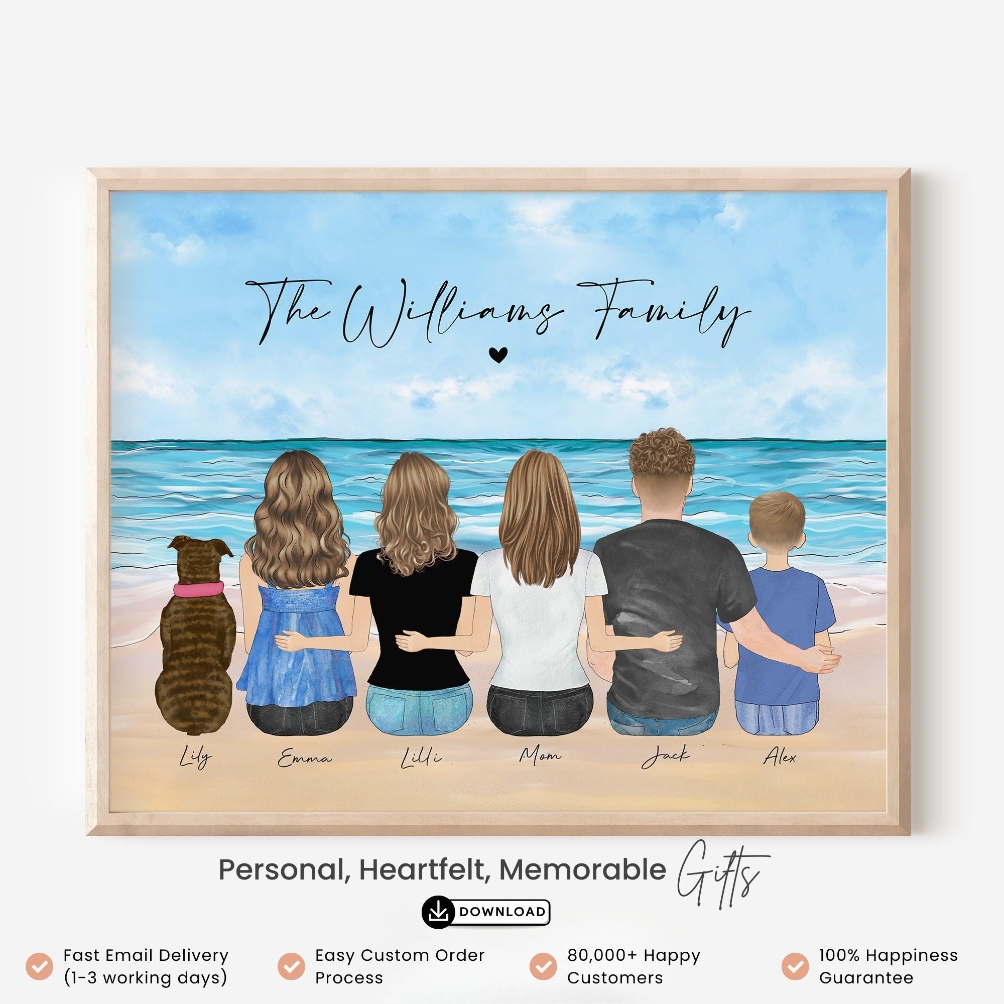 Custom Family Art Illustration Portrait on Beach