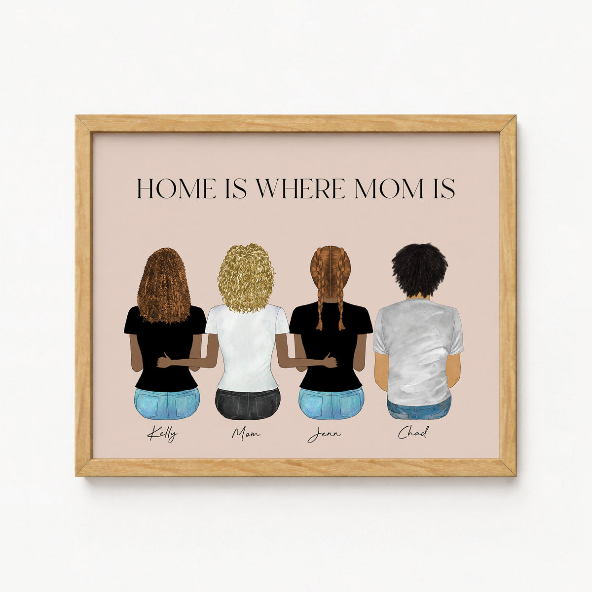 A framed art print featuring an illustration of four people seen from behind, standing together and holding hands. The text at the top reads 'HOME IS WHERE MOM IS', and the names 'Kelly', 'Mom', 'Jane', and 'Chad' are written below each figure.