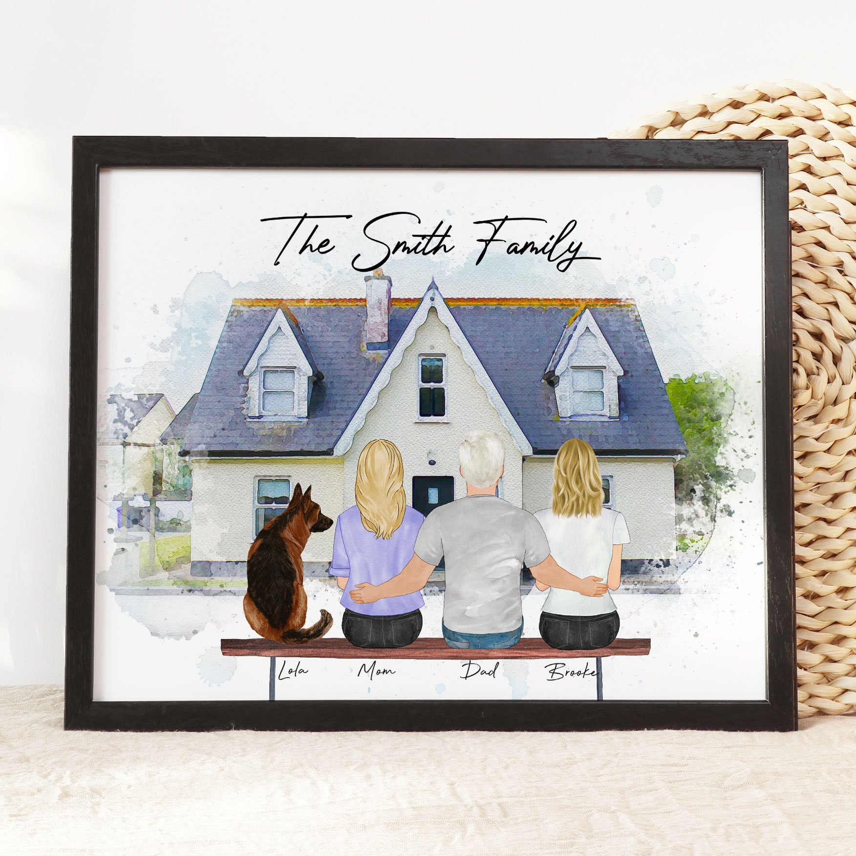 Custom Family Art Illustration with Watercolor House Background