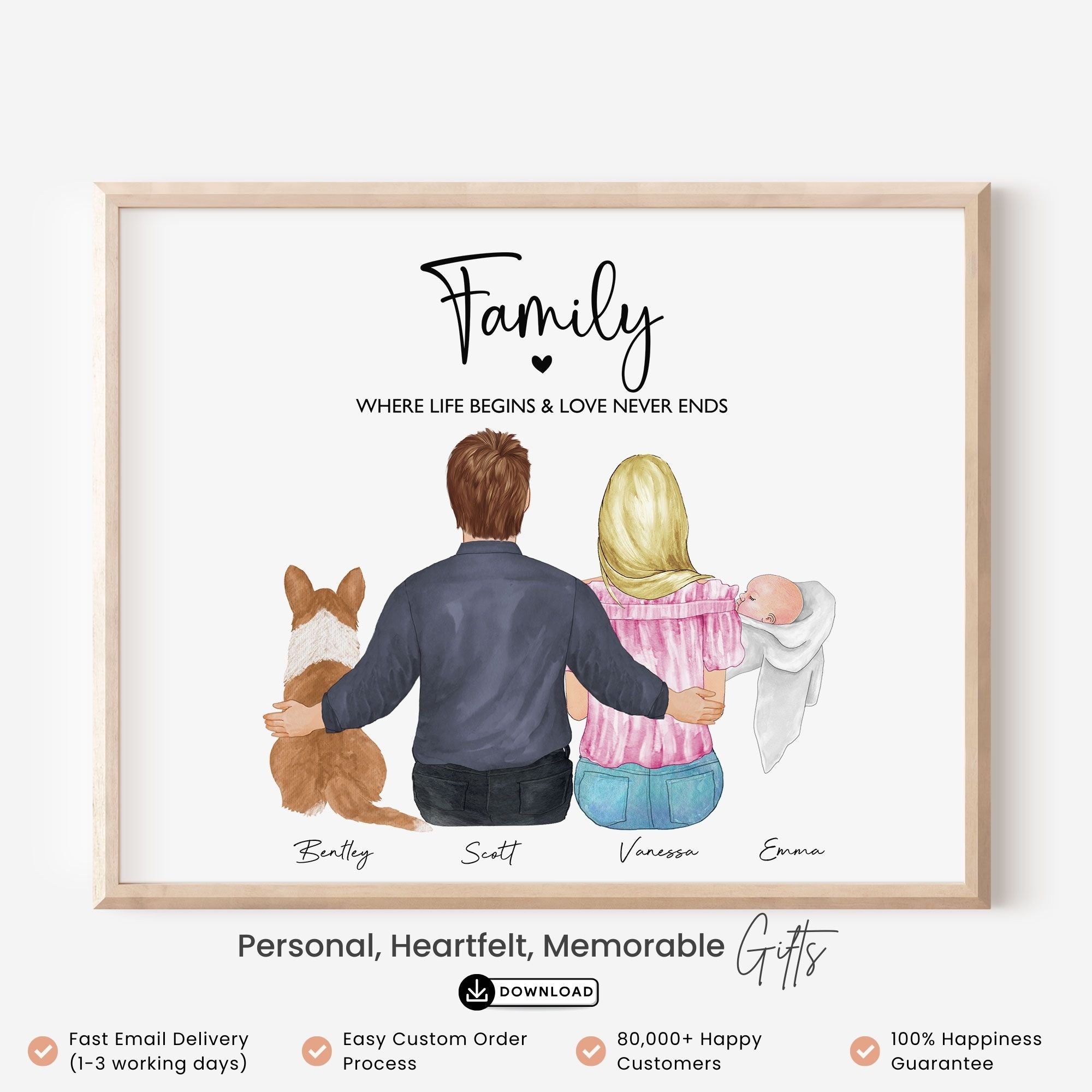 Custom Family Portrait with Baby and Pet Wall Art