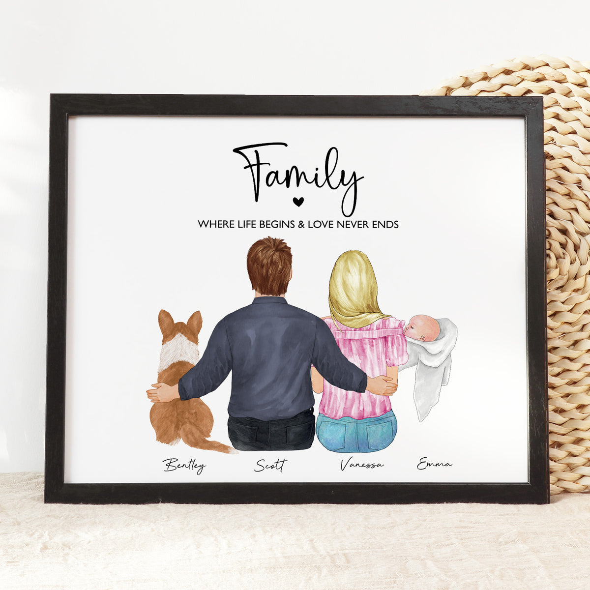 Custom Family Portrait with Baby & Pet | New Family Wall Art