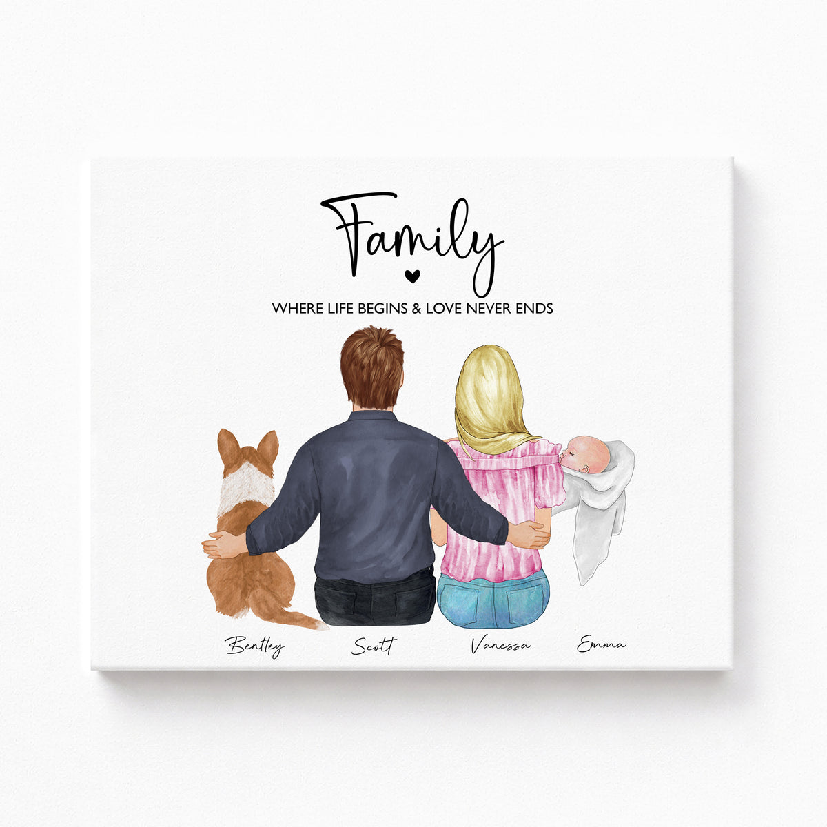 Custom Family Portrait with Baby & Pet | New Family Wall Art