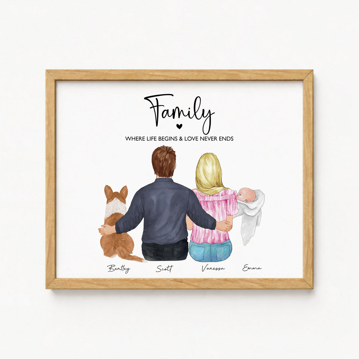 Custom Family Portrait with Baby & Pet | New Family Wall Art