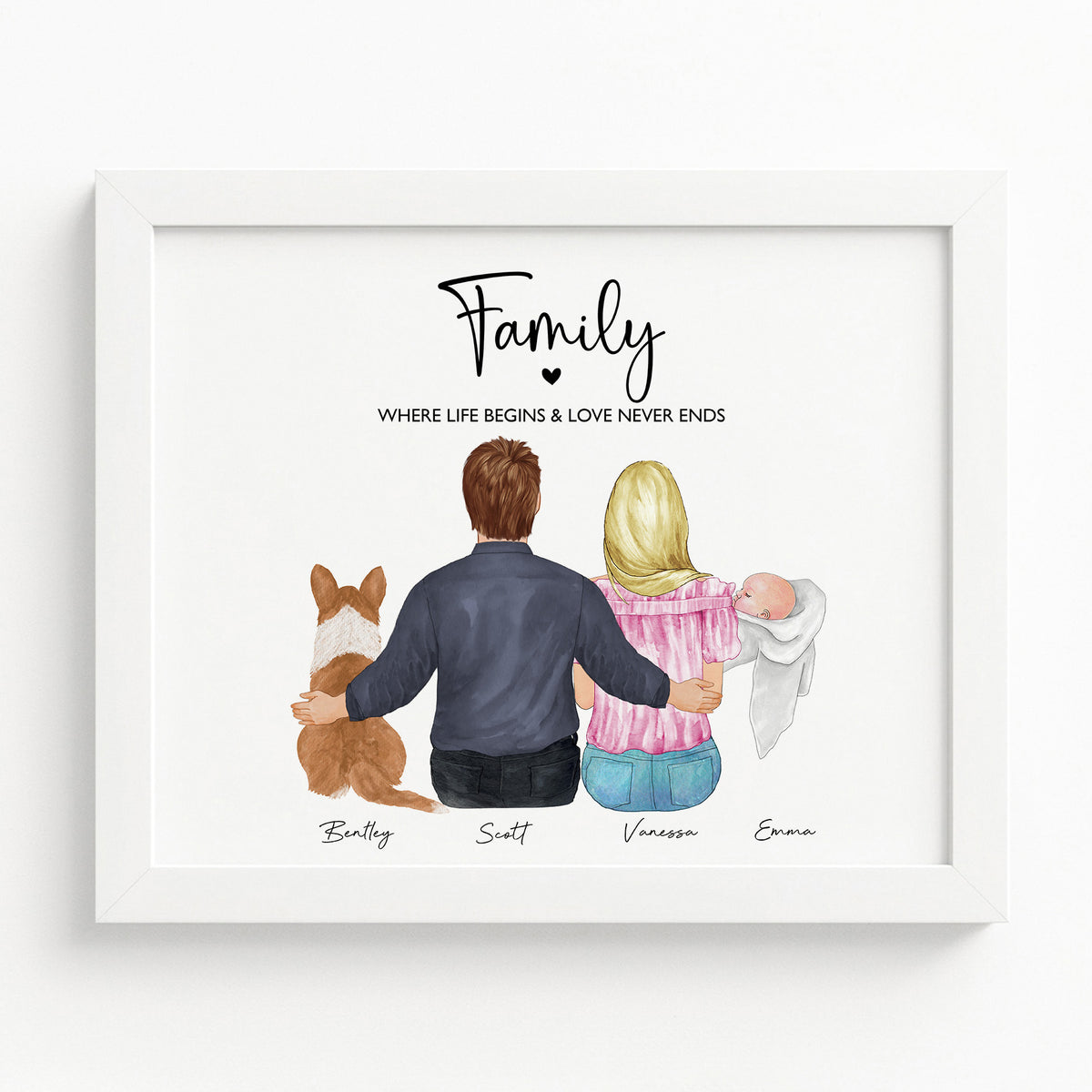 Custom Family Portrait with Baby & Pet | New Family Wall Art