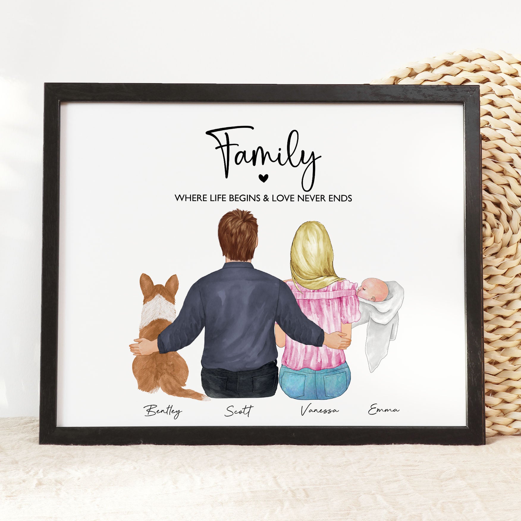 Custom Family Portrait with Baby and Pet Wall Art