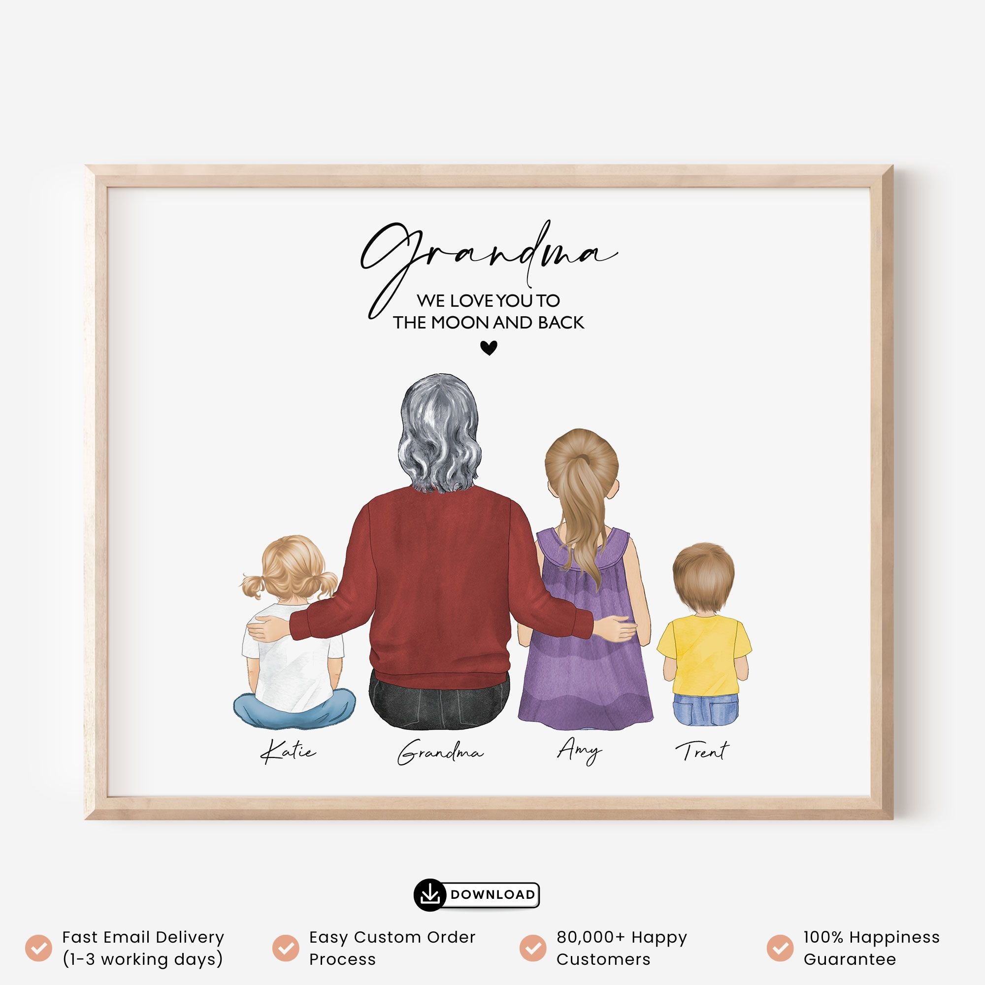 Persoanlized Grandma and Grandchildren Illustration Wall Art