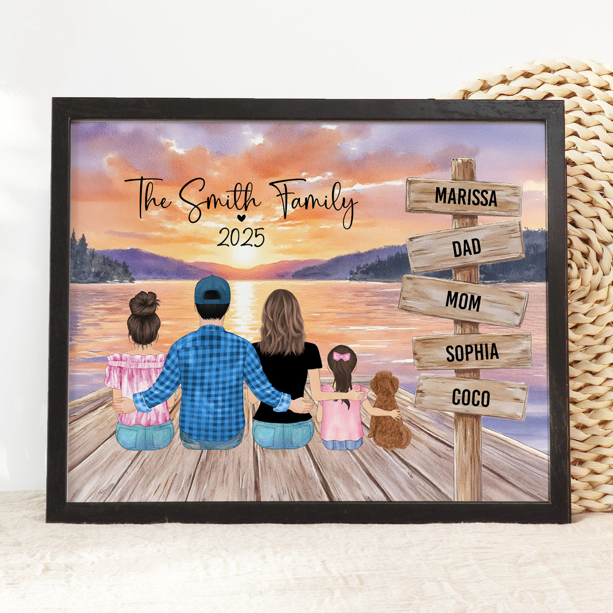 Custom Family Lake Sunset Portrait | Personalized Name Sign