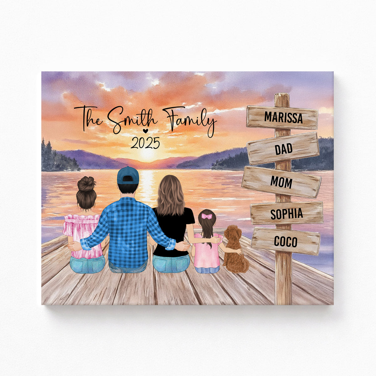 Custom Family Lake Sunset Portrait | Personalized Name Sign