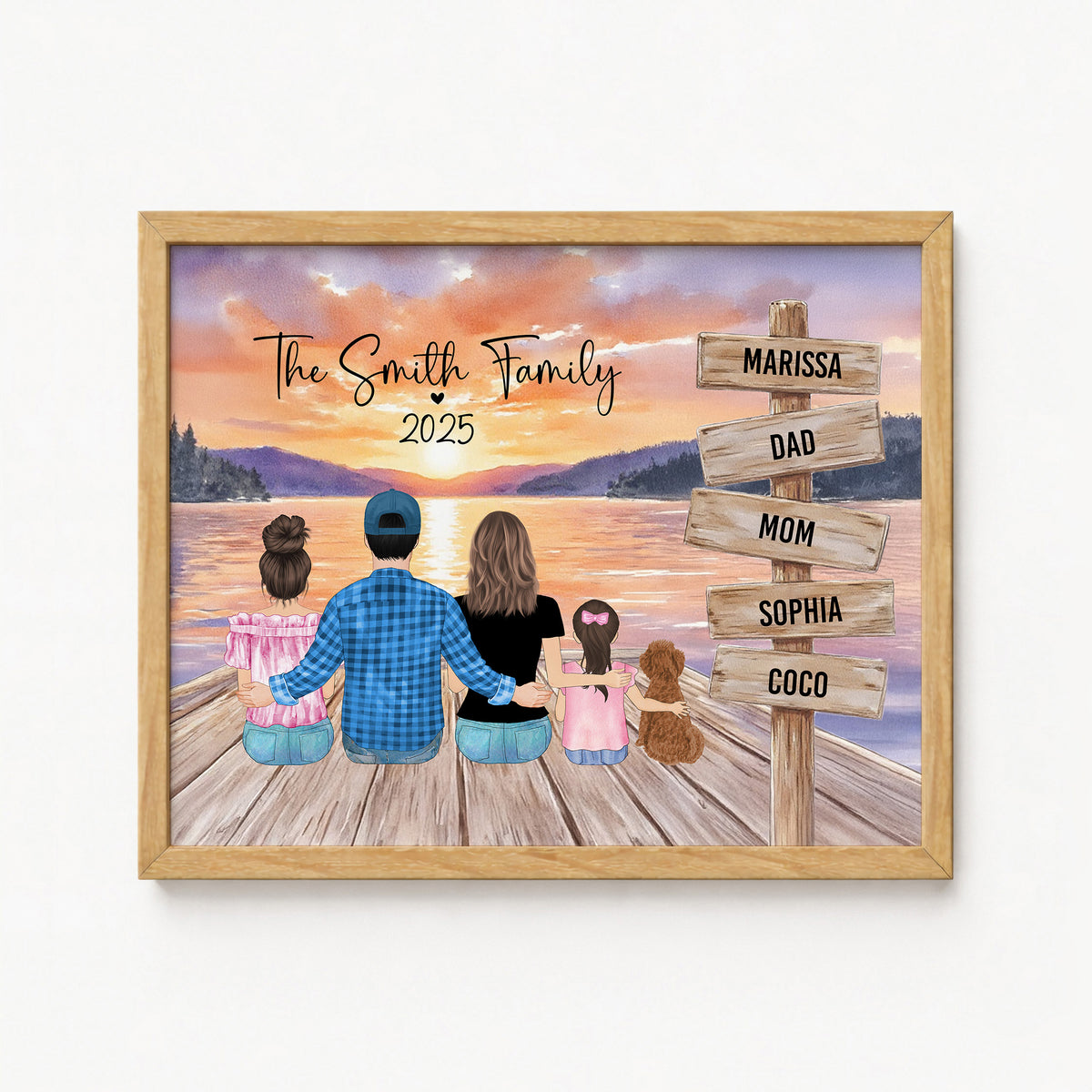Custom Family Lake Sunset Portrait | Personalized Name Sign