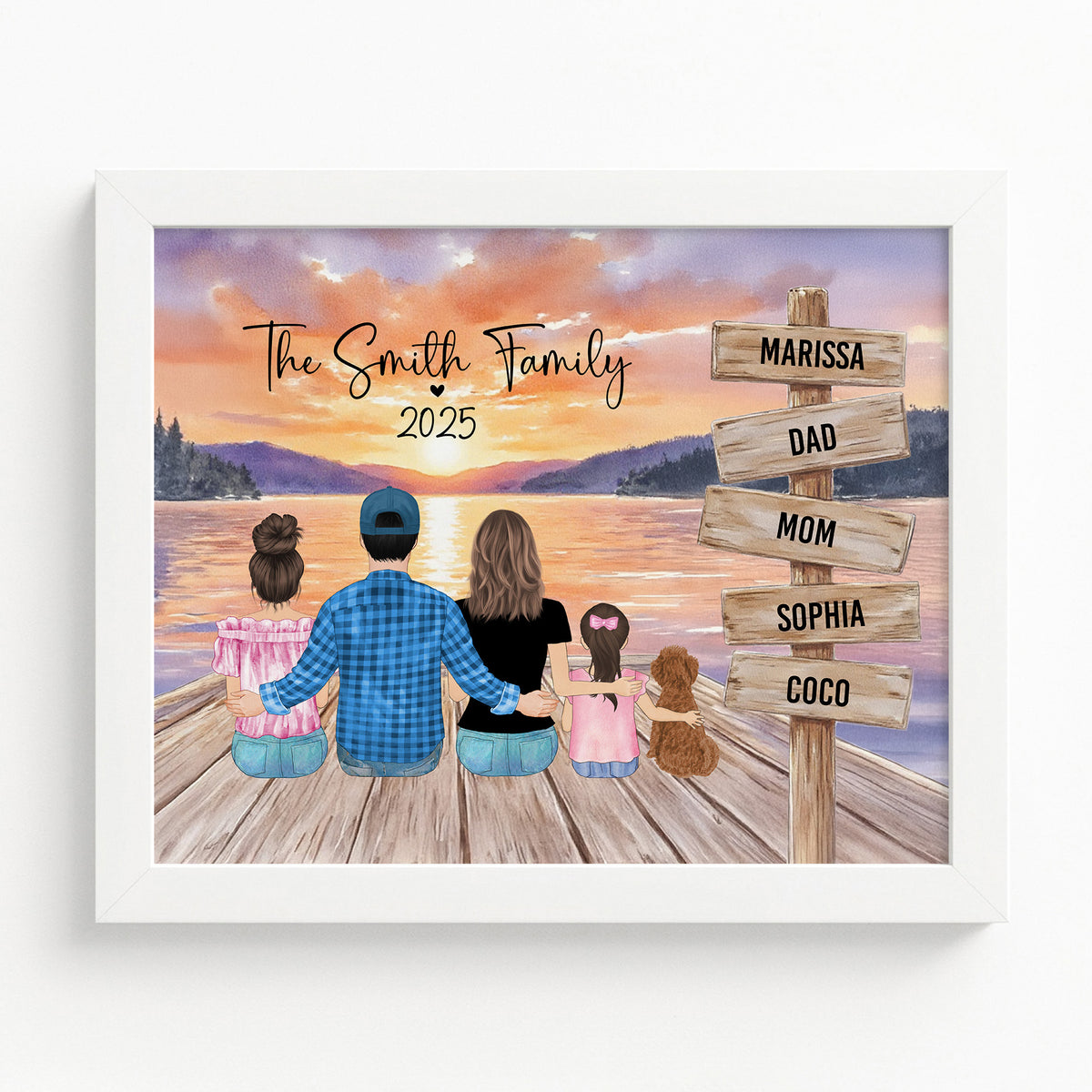 Custom Family Lake Sunset Portrait | Personalized Name Sign