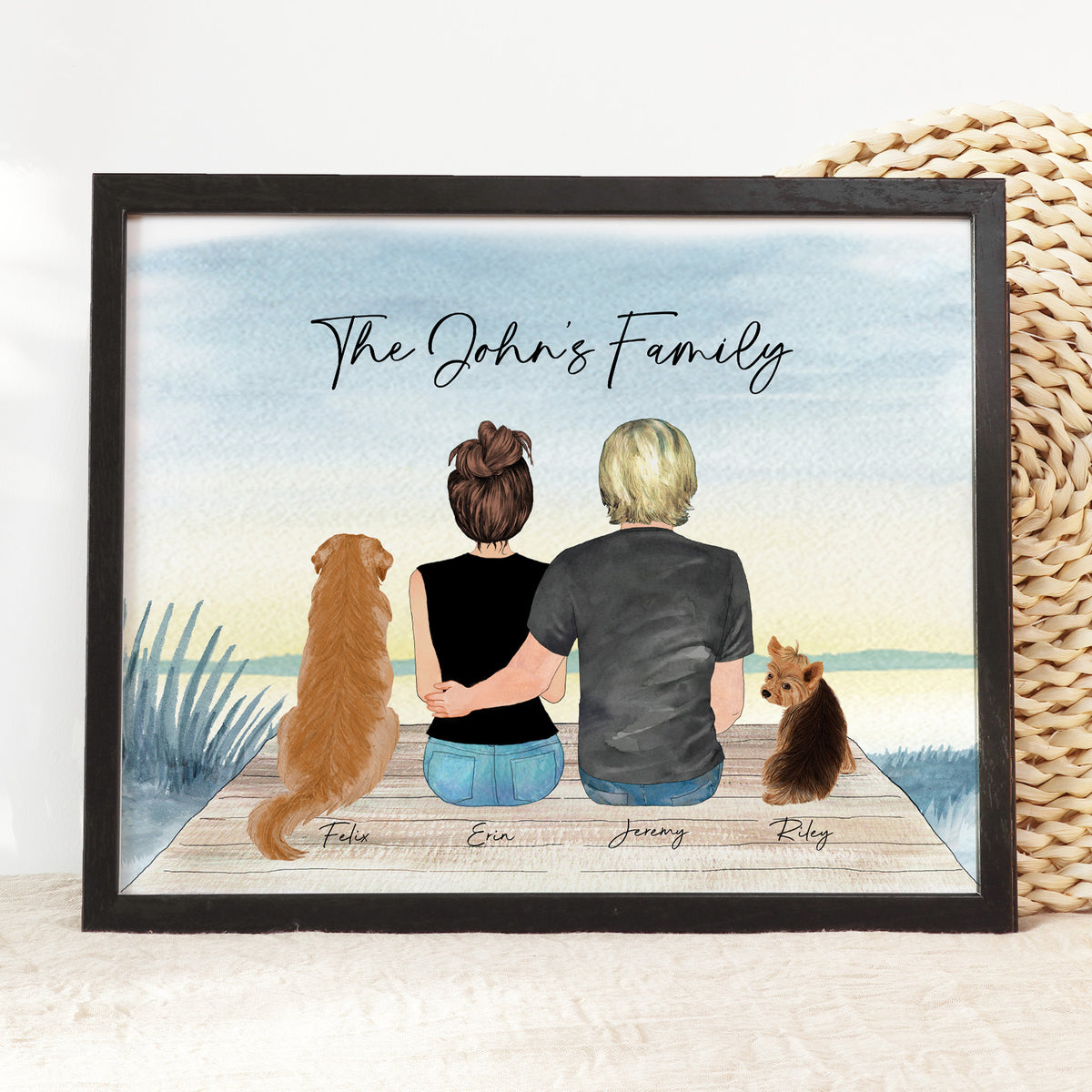 Custom Couple & Pet Portrait | Lake Background Romantic Gift