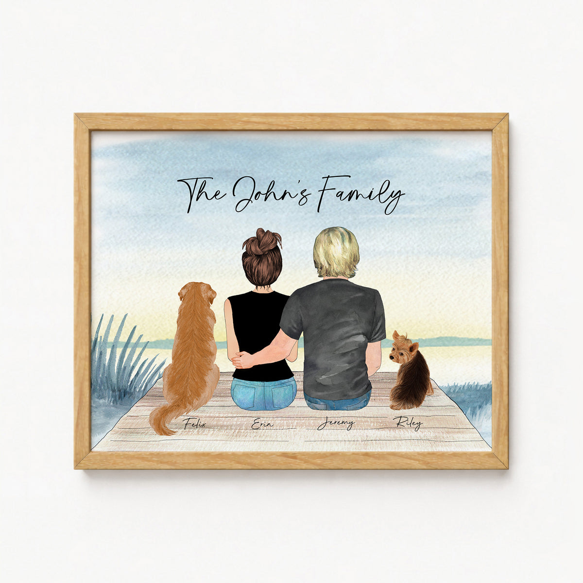 Custom Couple & Pet Portrait | Lake Background Romantic Gift