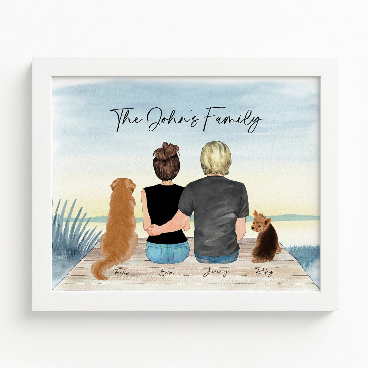 Custom Couple & Pet Portrait | Lake Background Romantic Gift