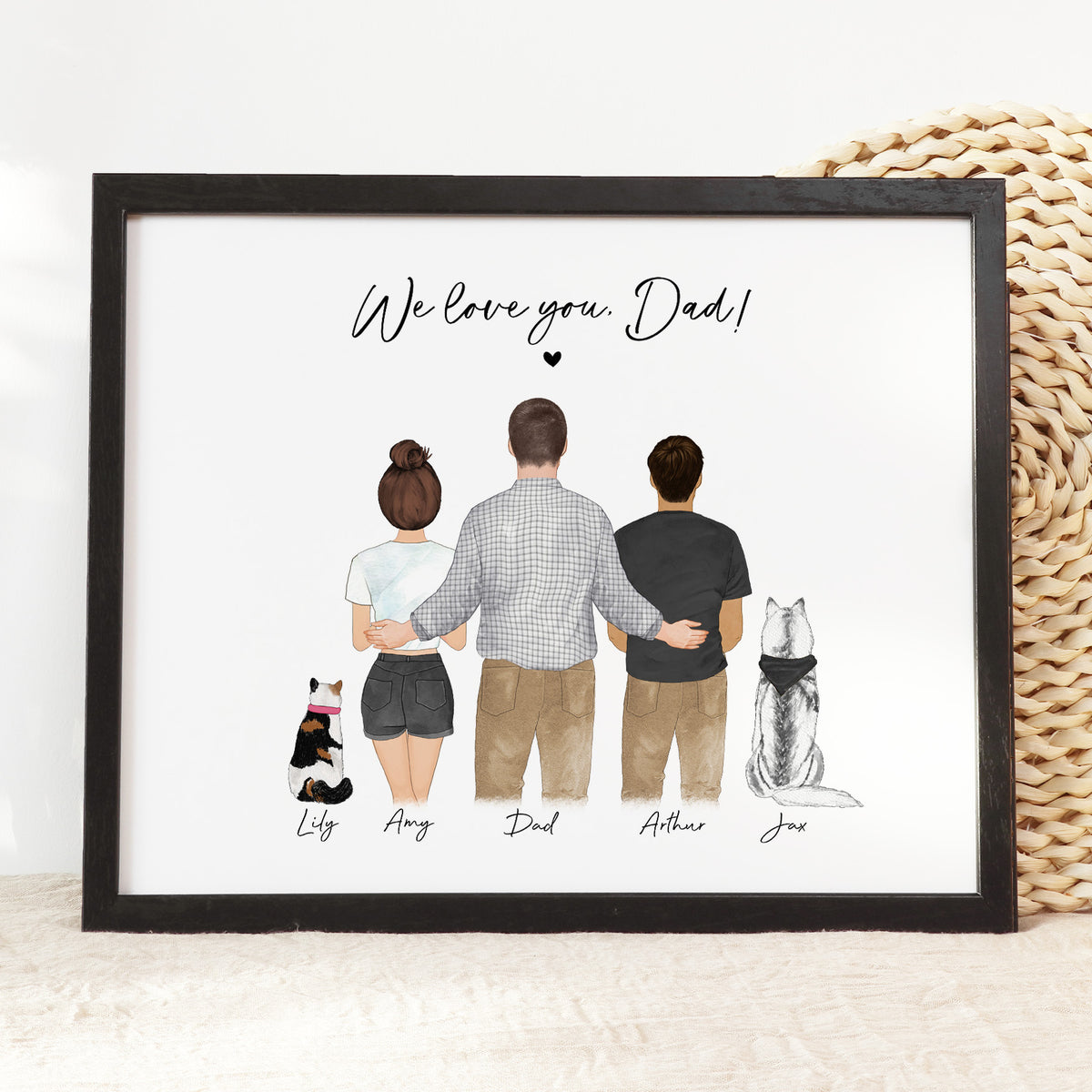 Personalized Dad & Kids Portrait with Pets