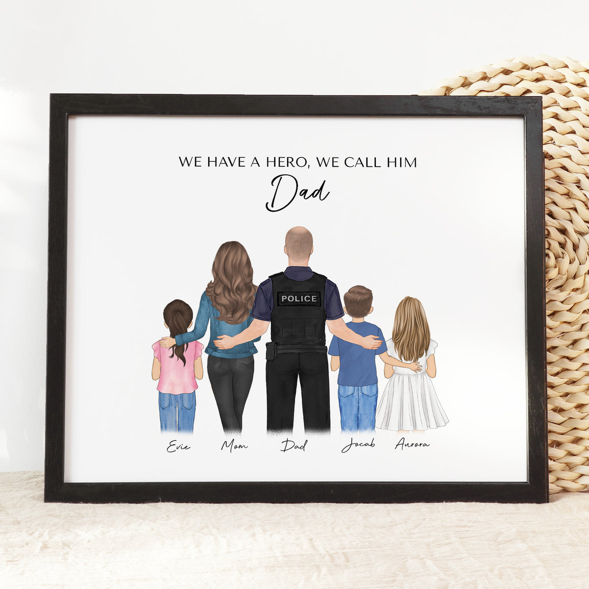 Custom Police Dad & Kids Portrait | Gift for Police Officer Dad
