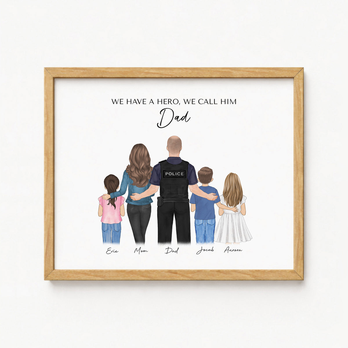 Custom Police Dad & Kids Portrait | Gift for Police Officer Dad