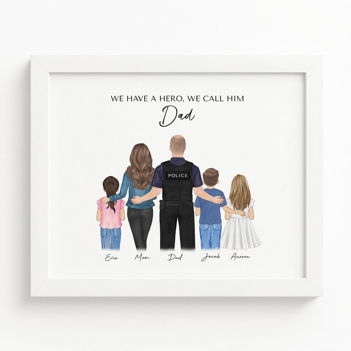 Custom Police Dad & Kids Portrait | Gift for Police Officer Dad
