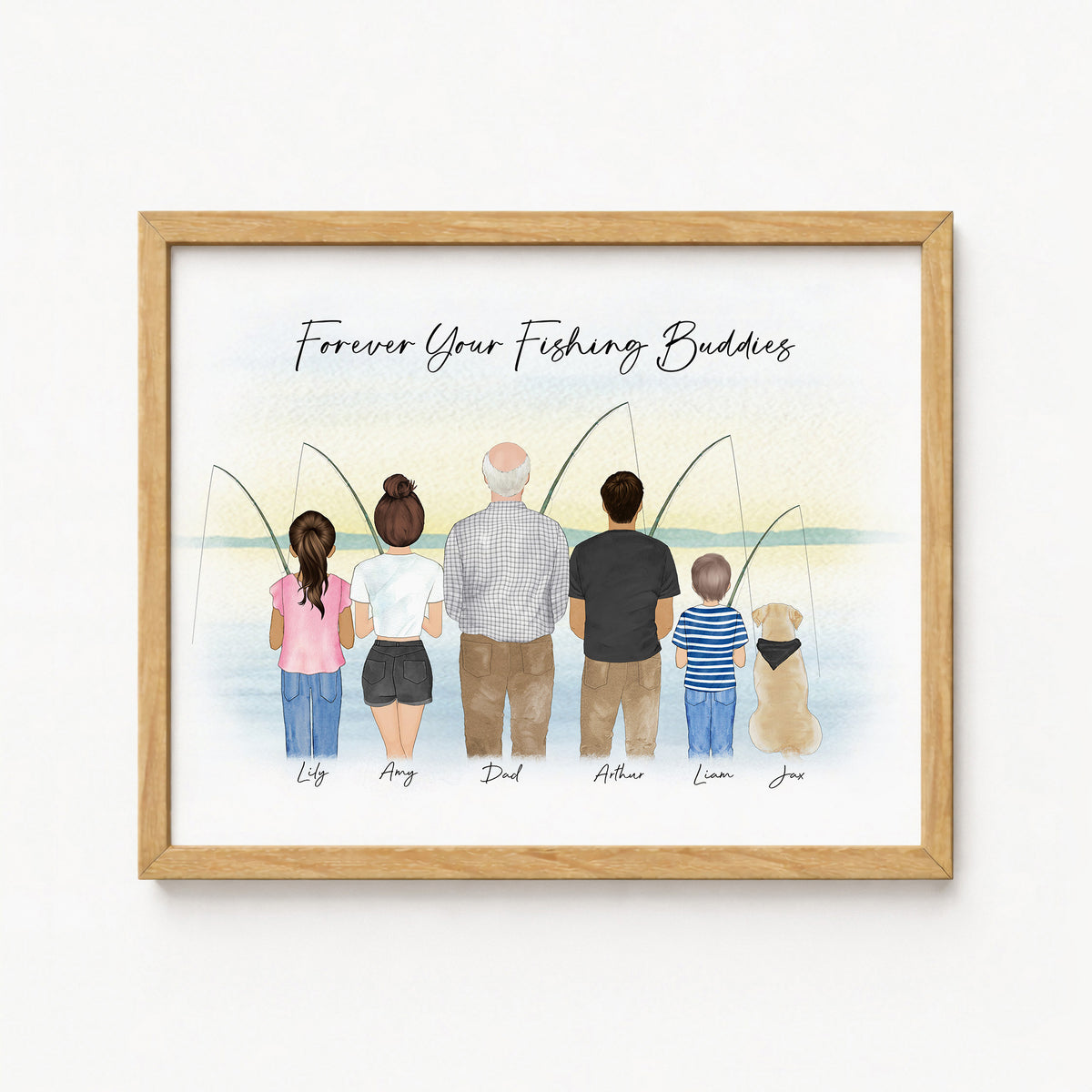 Custom Fishing Dad & Kids Portrait | Father's Day Fishing Gift