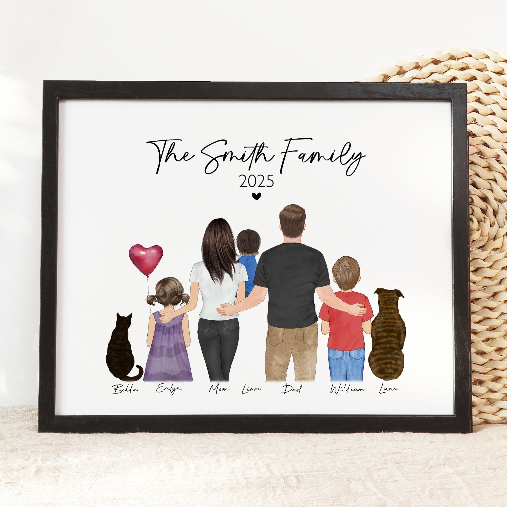 Custom Family Art Illustration with Pets and Kids