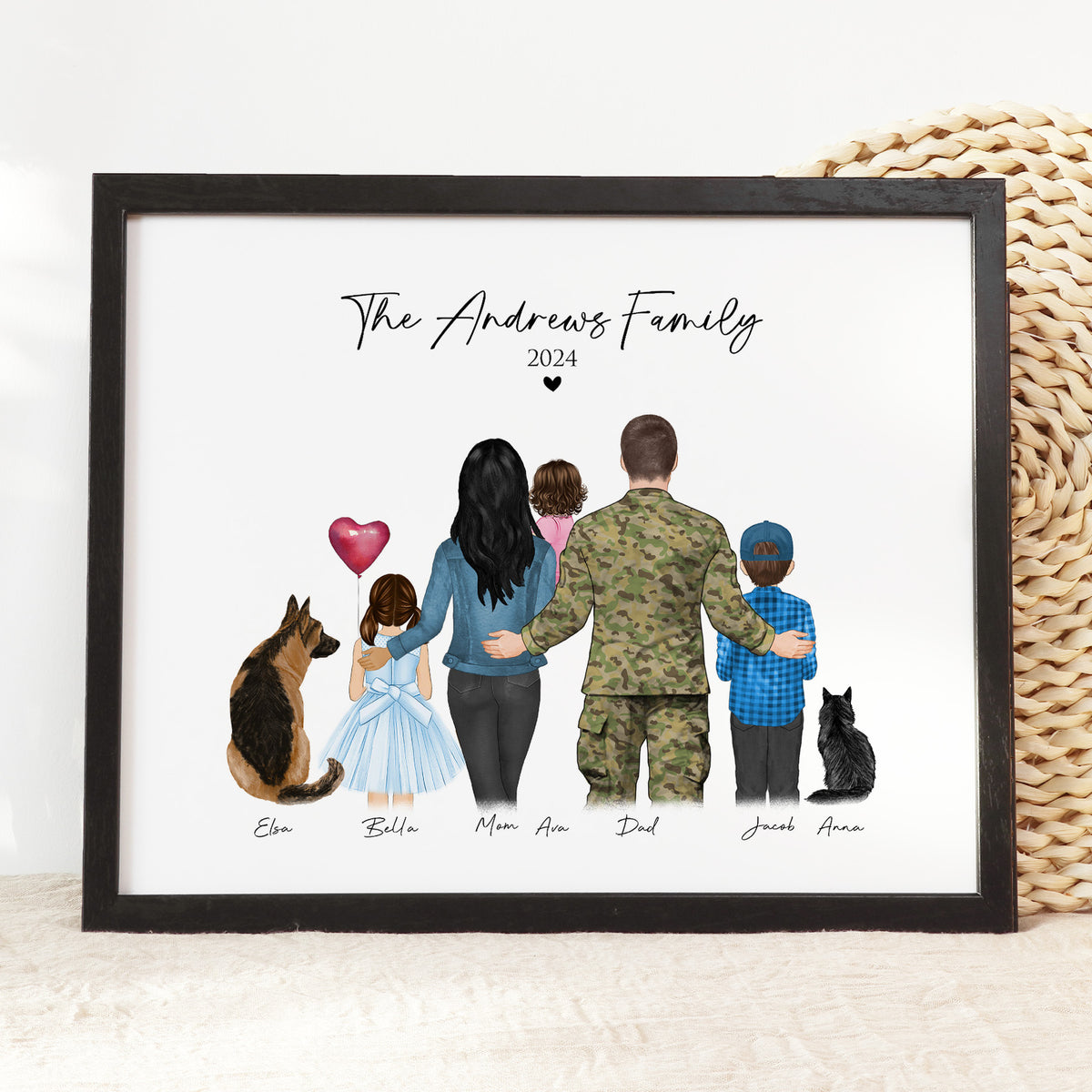 Custom Military Family Portrait with Pets | Homecoming Gift