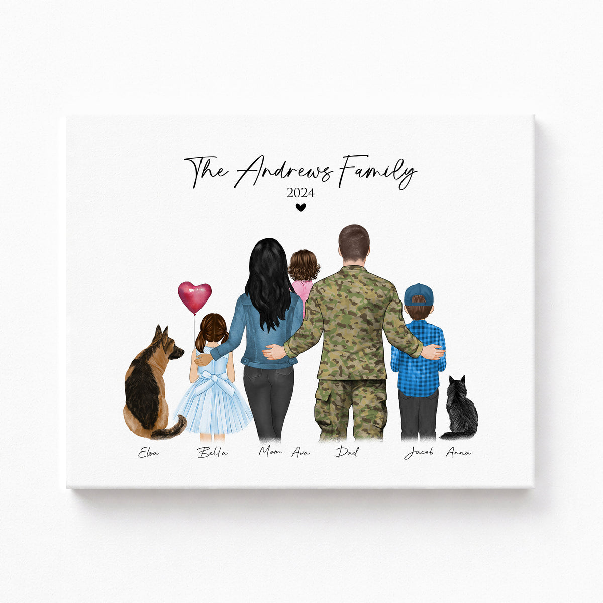 Custom Military Family Portrait with Pets | Homecoming Gift