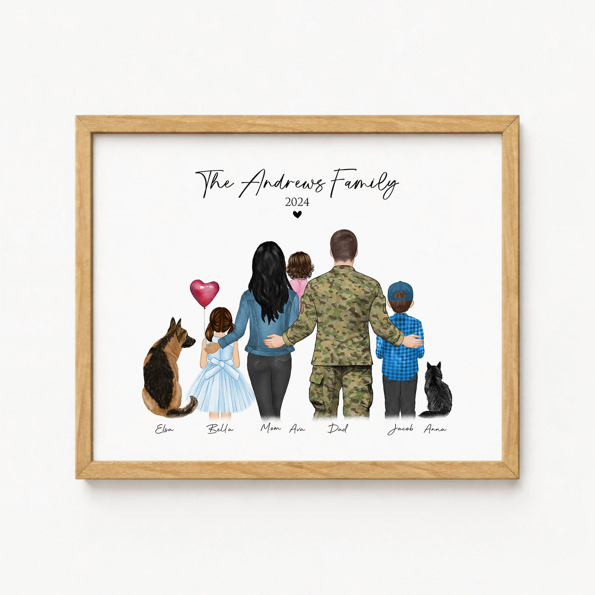 Custom Military Family Portrait with Pets | Homecoming Gift