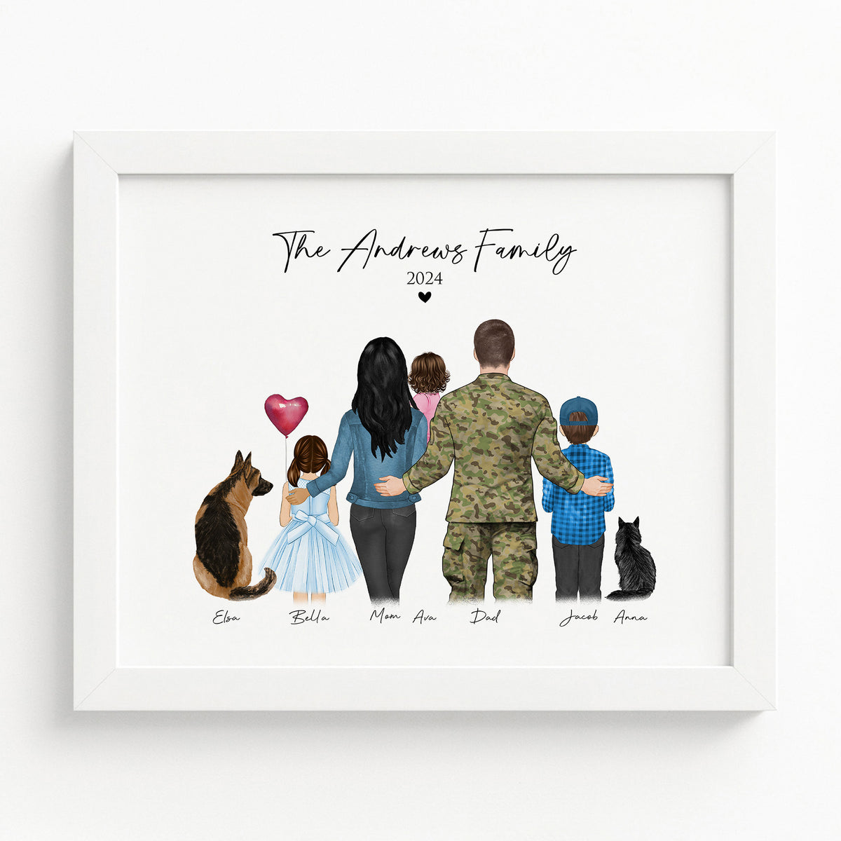Custom Military Family Portrait with Pets | Homecoming Gift
