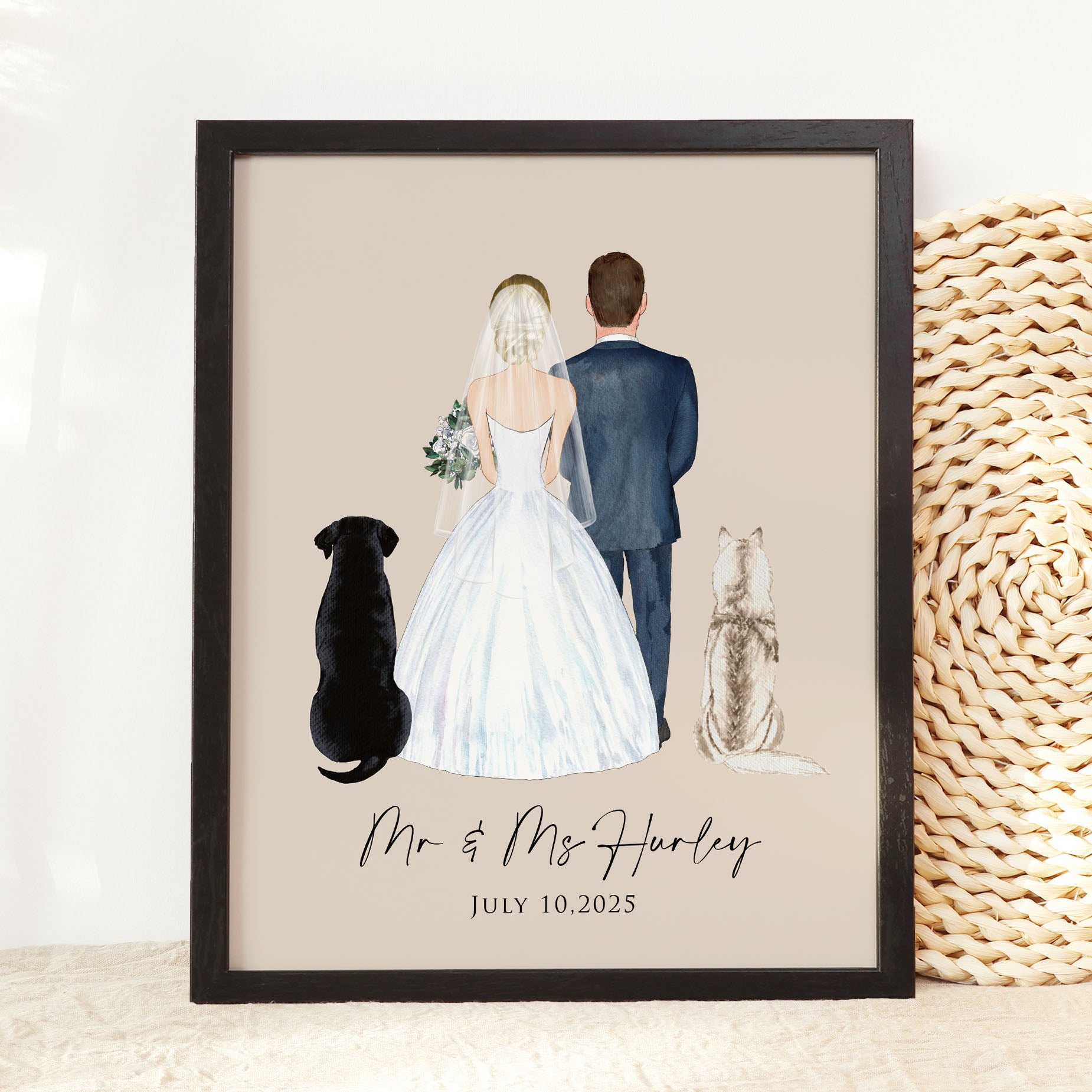 Custom Wedding Portrait Wall art with Pets