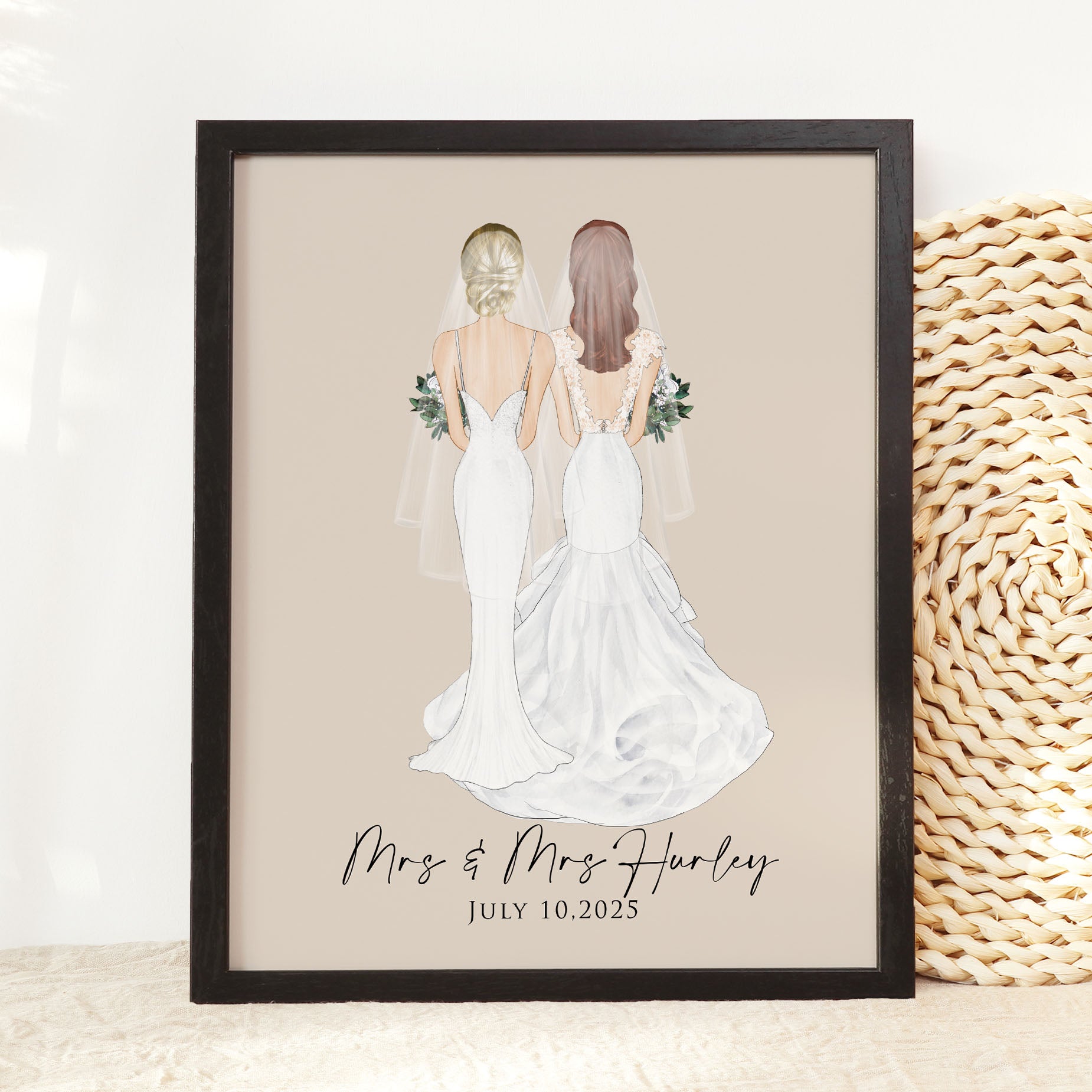 Mrs and Mrs Wedding Custom Illustration Wall Art