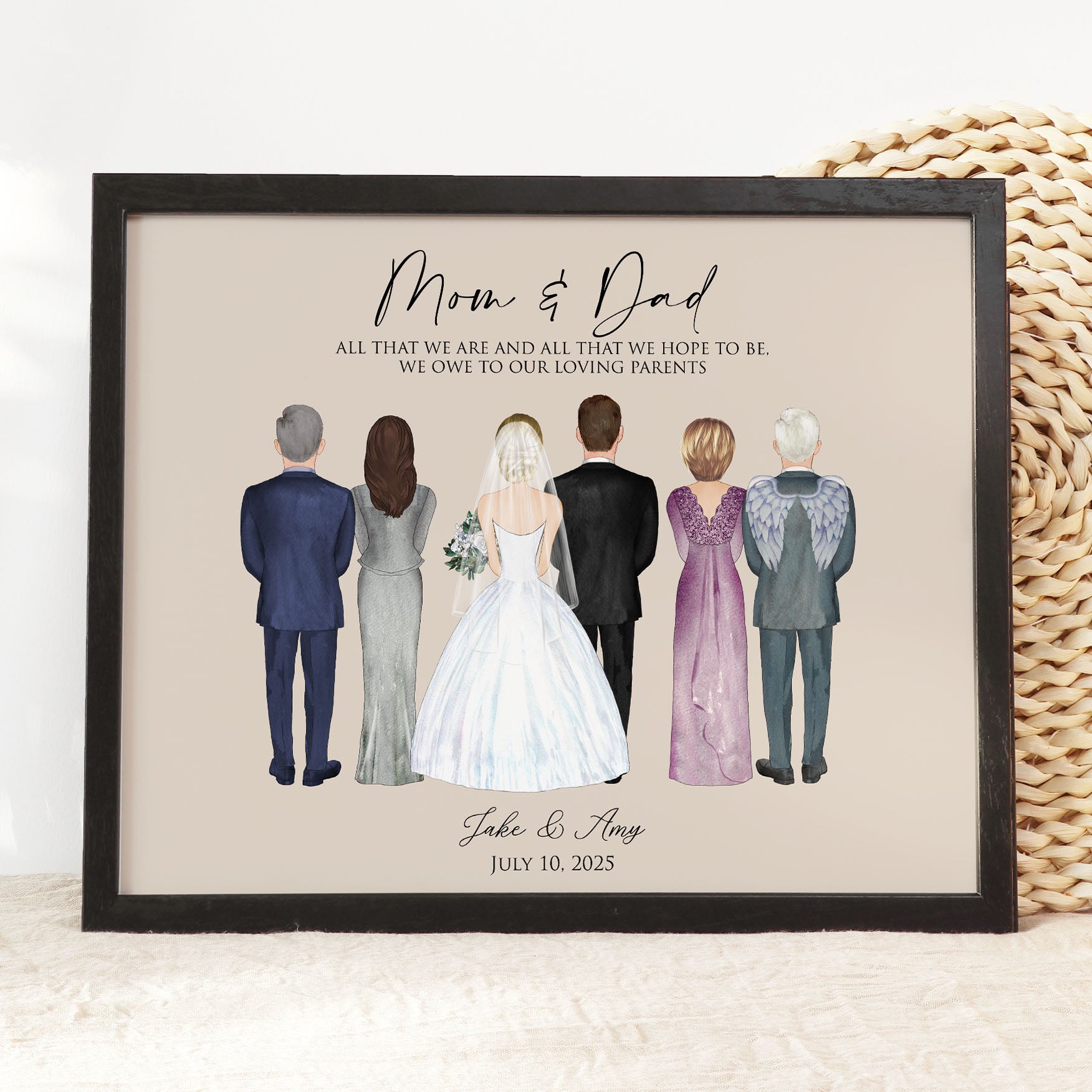 Bride and Groom and Parents Custom Wedding Illustration Art with Parents