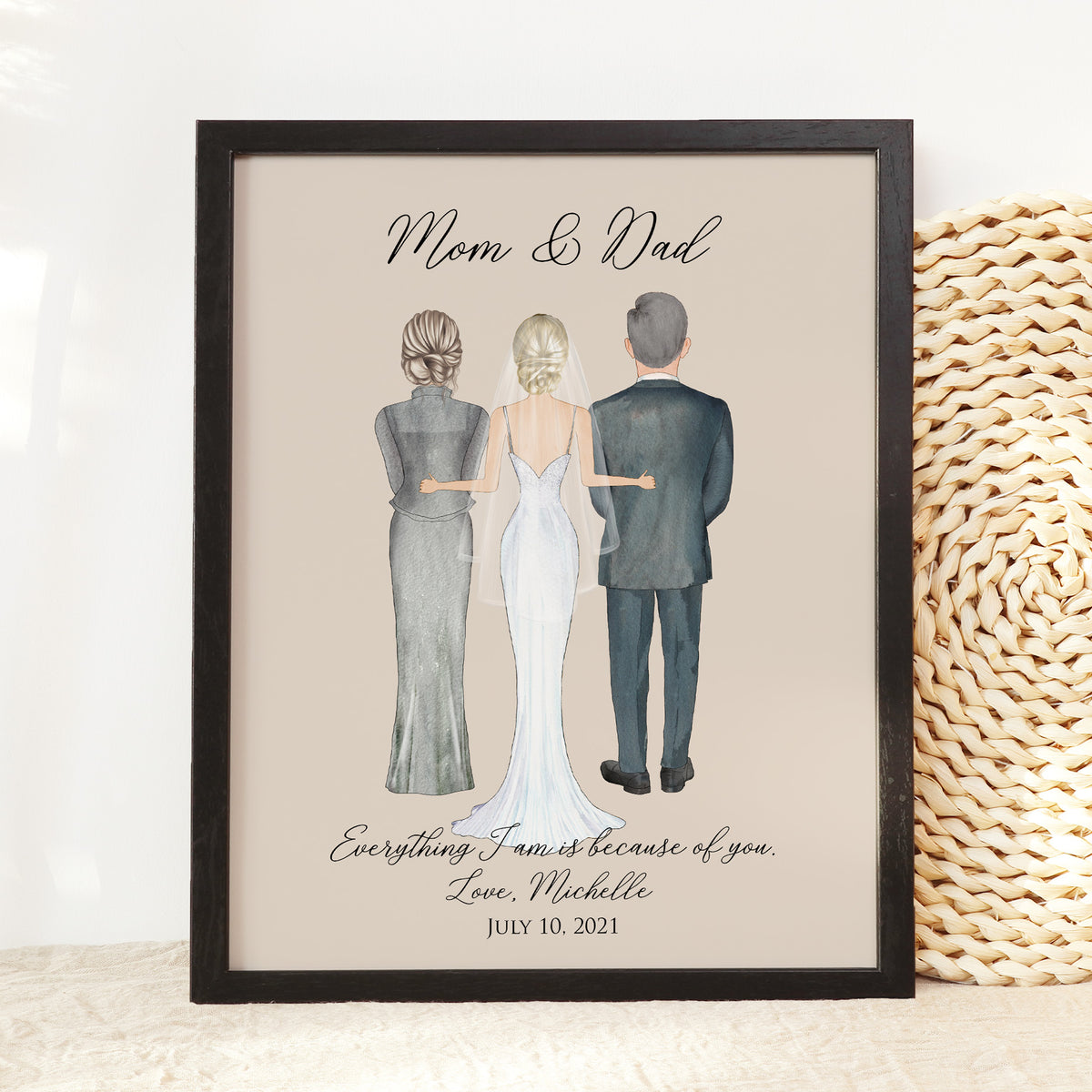 Custom Bride & Parents Wedding Portrait | Gift for Bride's Family