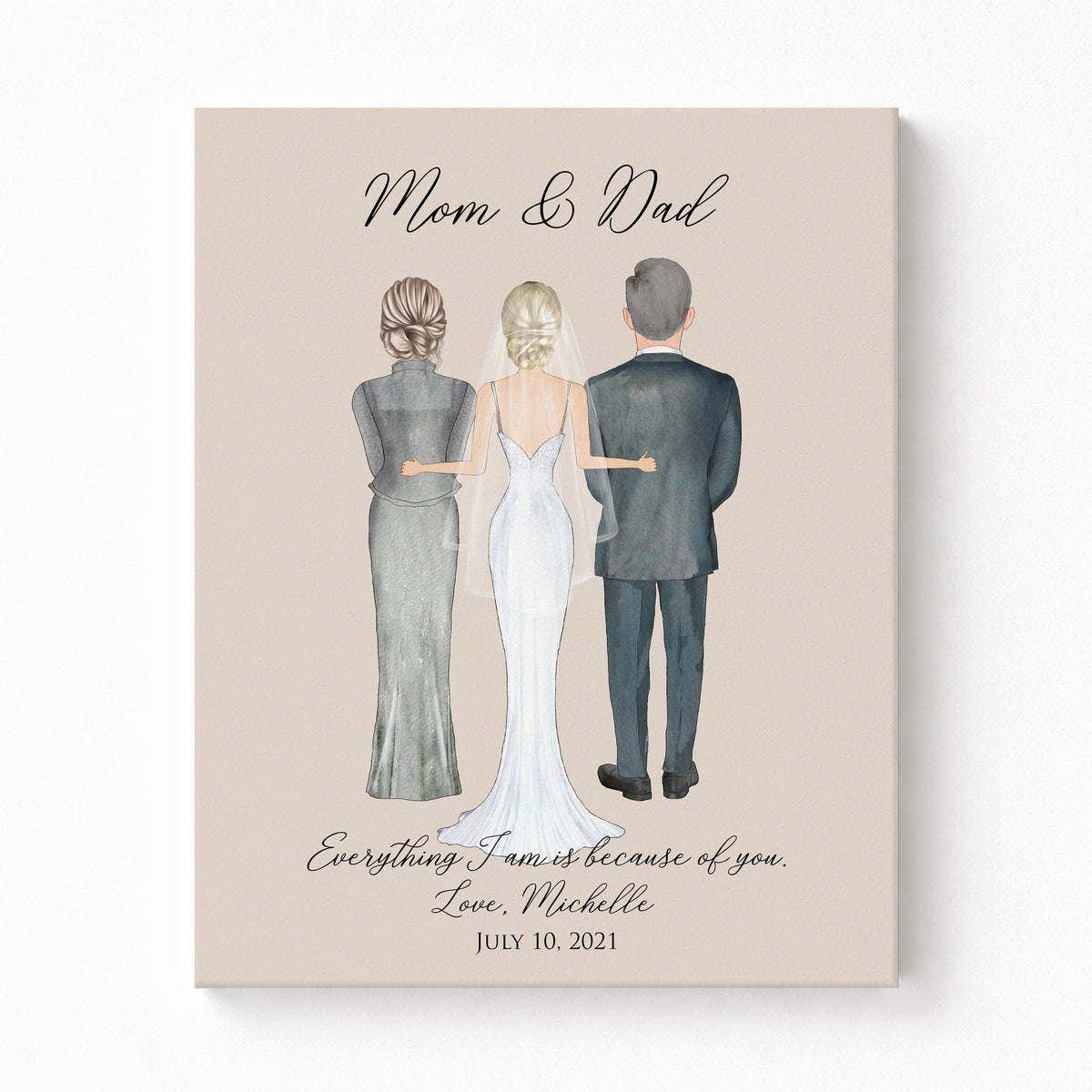 Custom Bride & Parents Wedding Portrait | Gift for Bride's Family