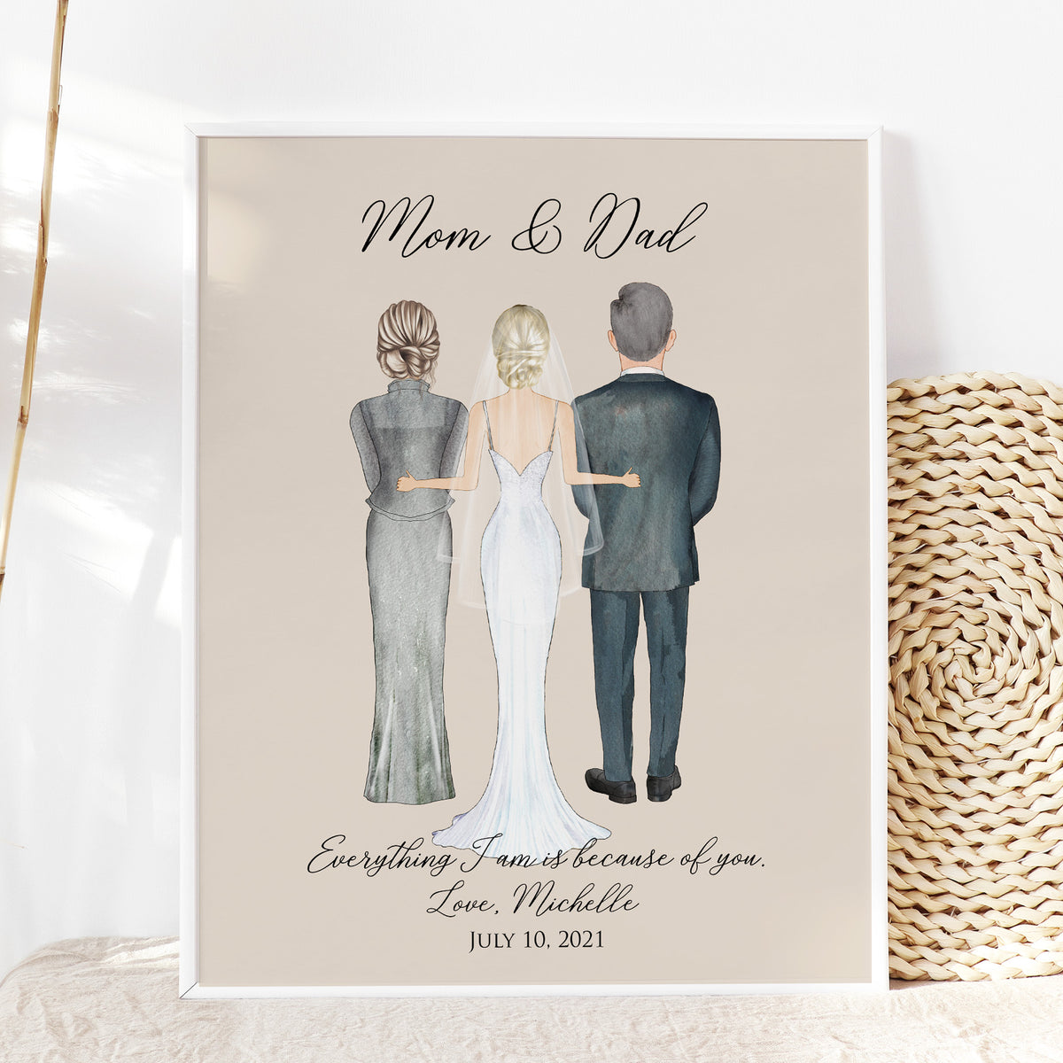 Custom Bride & Parents Wedding Portrait | Gift for Bride's Family