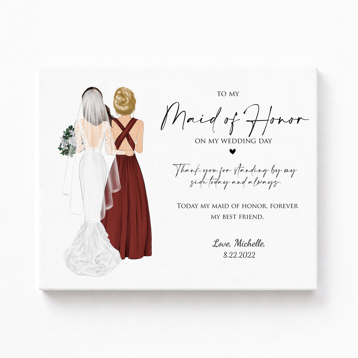Custom Maid of Honor Portrait | Wedding Day Gift from Bride