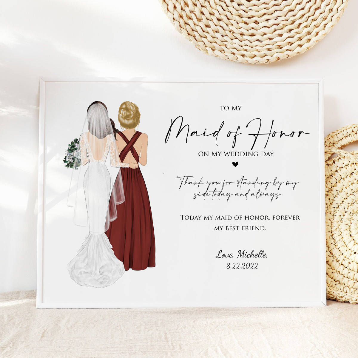 Custom Maid of Honor Portrait | Wedding Day Gift from Bride