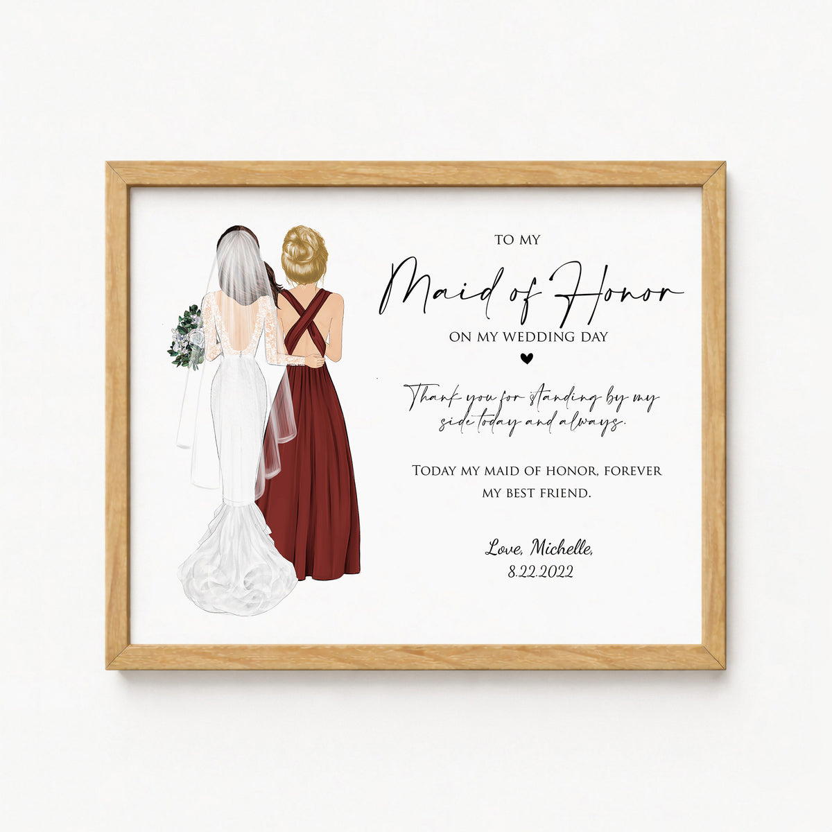 Custom Maid of Honor Portrait | Wedding Day Gift from Bride