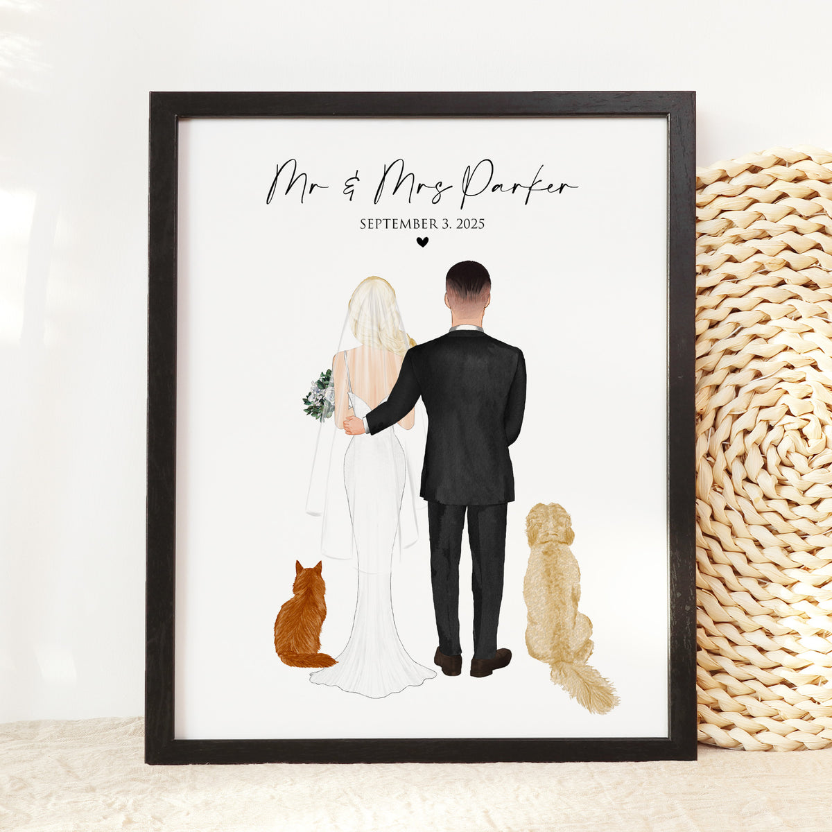 Custom Wedding Portrait with Dog & Cat | Pet-Loving Couple Gift