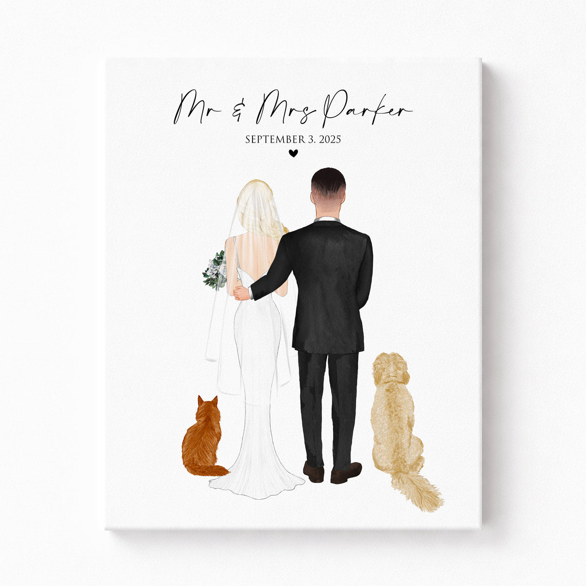 Custom Wedding Portrait with Dog & Cat | Pet-Loving Couple Gift