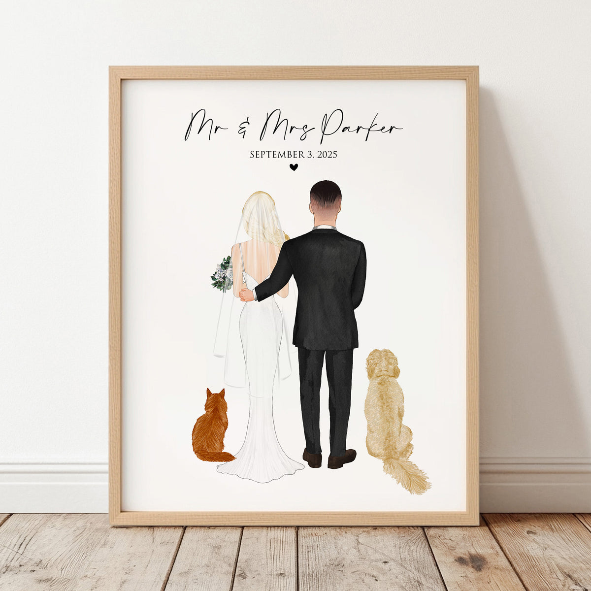 Custom Wedding Portrait with Dog & Cat | Pet-Loving Couple Gift