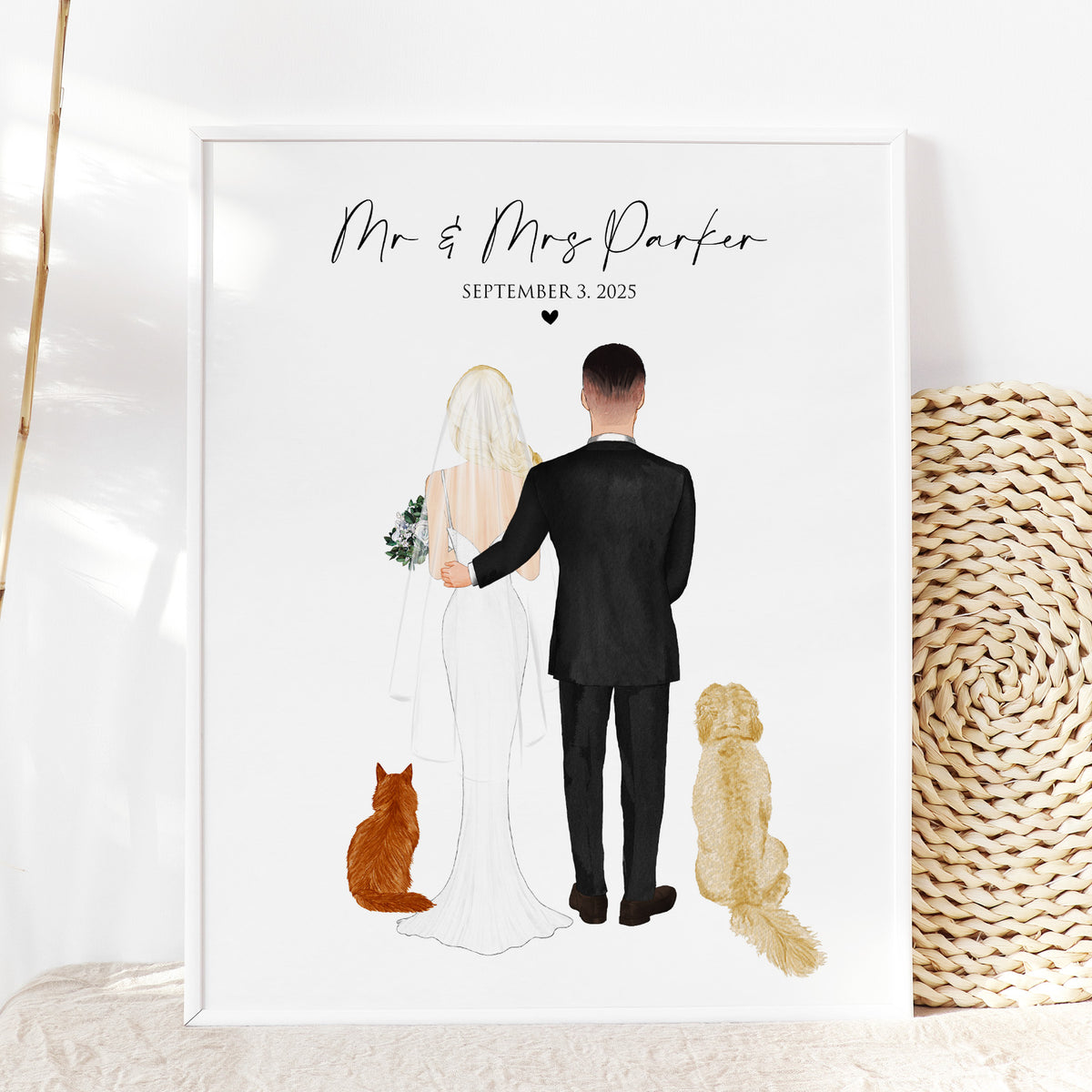 Custom Wedding Portrait with Dog & Cat | Pet-Loving Couple Gift
