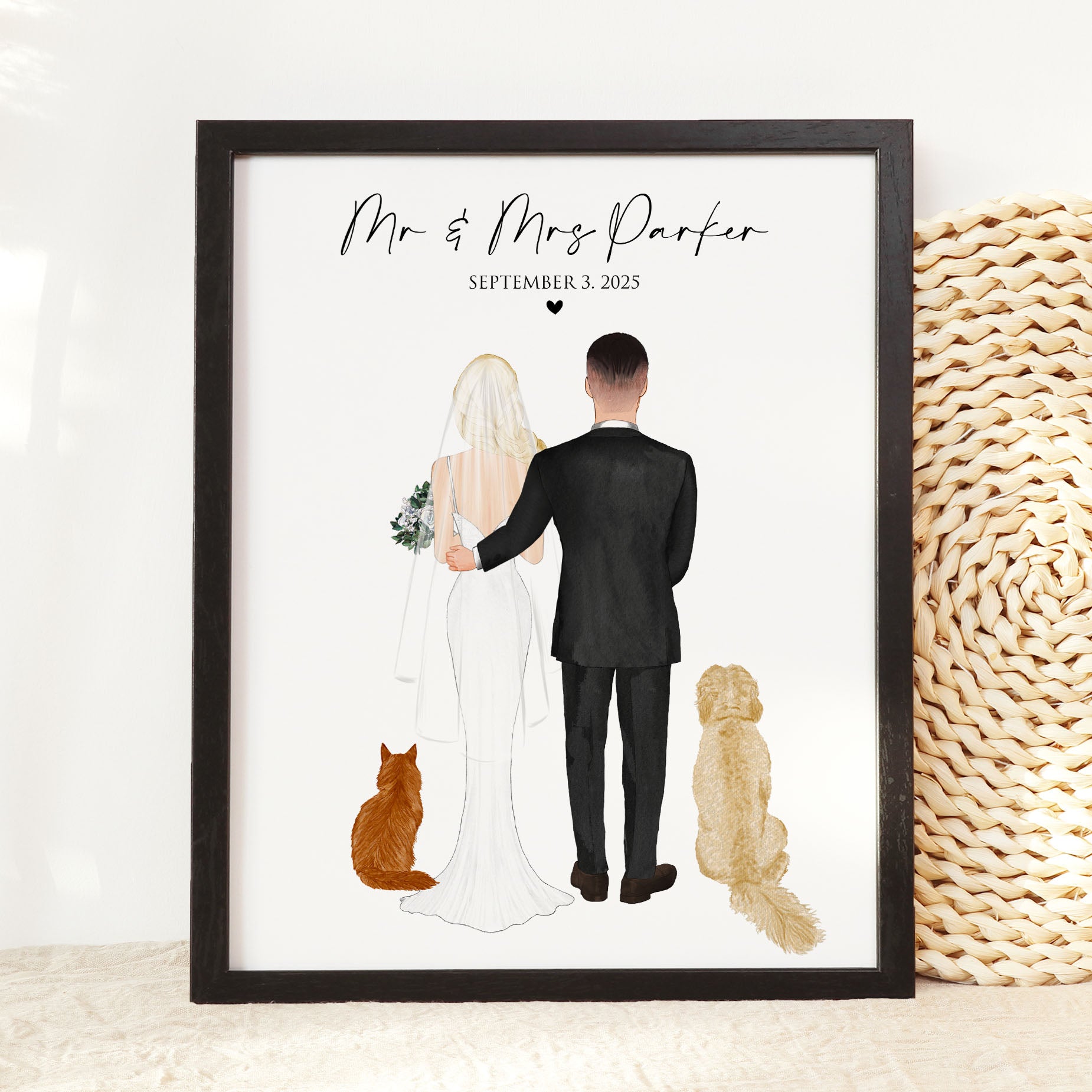 Wedding Drawing Wall Art Gift for Couple with Pets