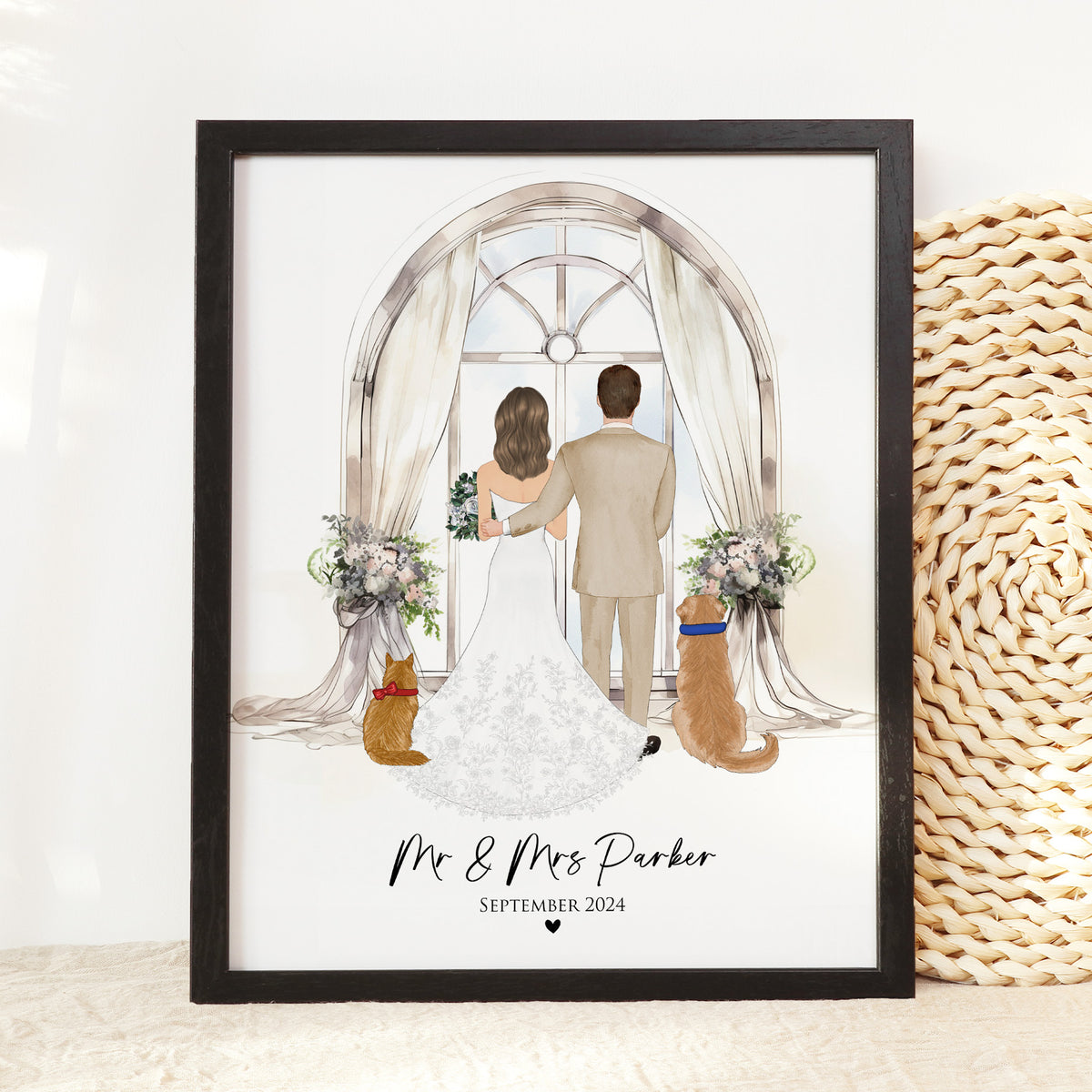 Custom Couple & Pet Wedding Portrait | Pet-Loving Couple Gift