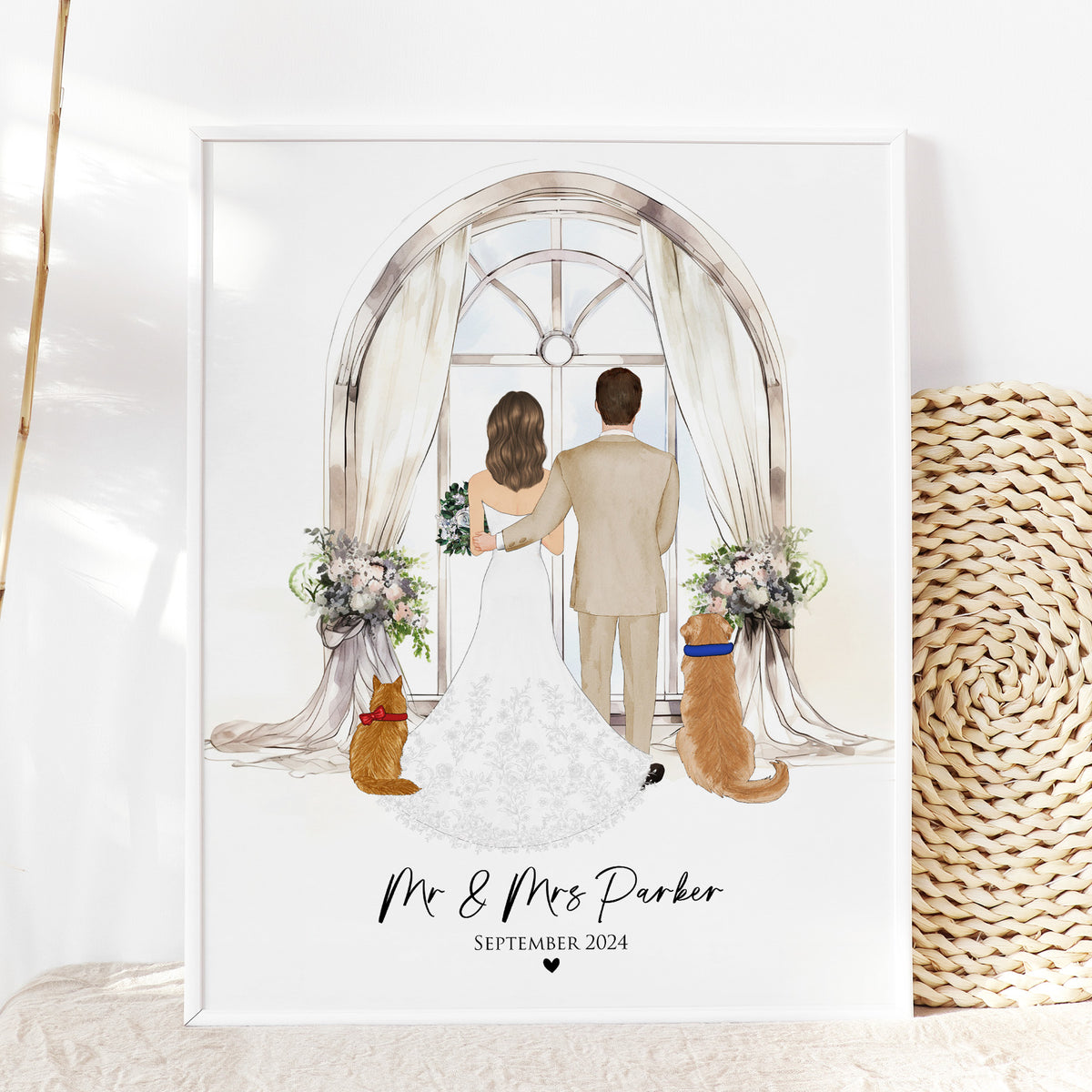 Custom Couple & Pet Wedding Portrait | Pet-Loving Couple Gift