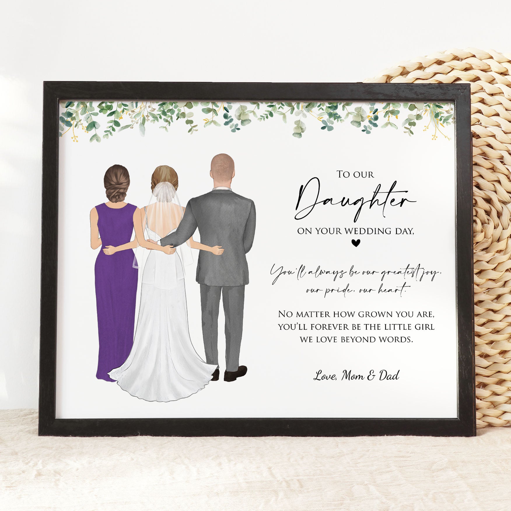 Daughter Wedding Day Gift, Daughter Wedding Card, Gift for Bride from Parents, Personalized Wedding Art, Custom Family Portrait Print