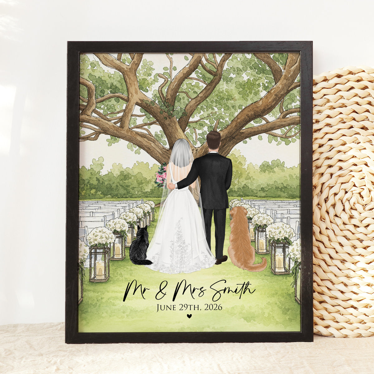 Custom Couple & Pet Under Oak Tree | Romantic Wedding Gift