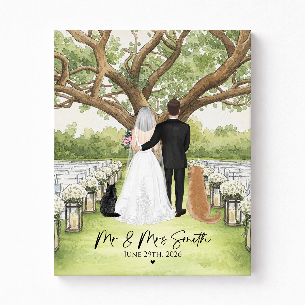 Custom Couple & Pet Under Oak Tree | Romantic Wedding Gift