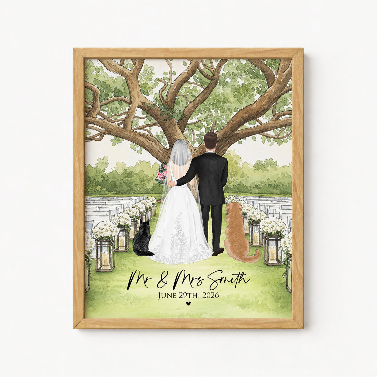 Custom Couple & Pet Under Oak Tree | Romantic Wedding Gift