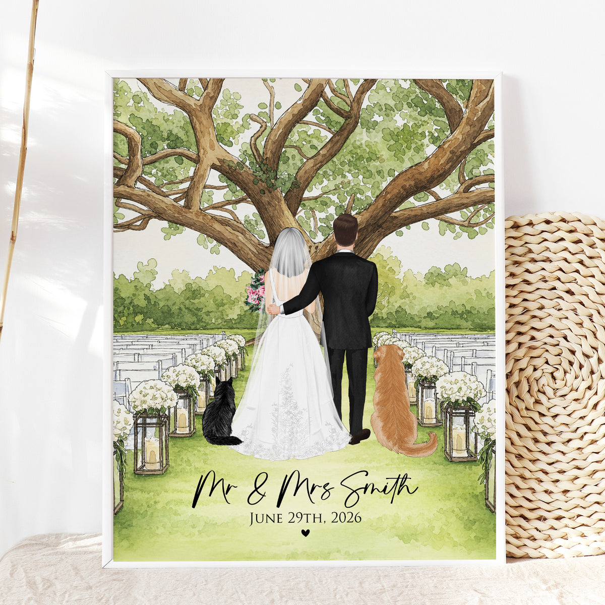 Custom Couple & Pet Under Oak Tree | Romantic Wedding Gift