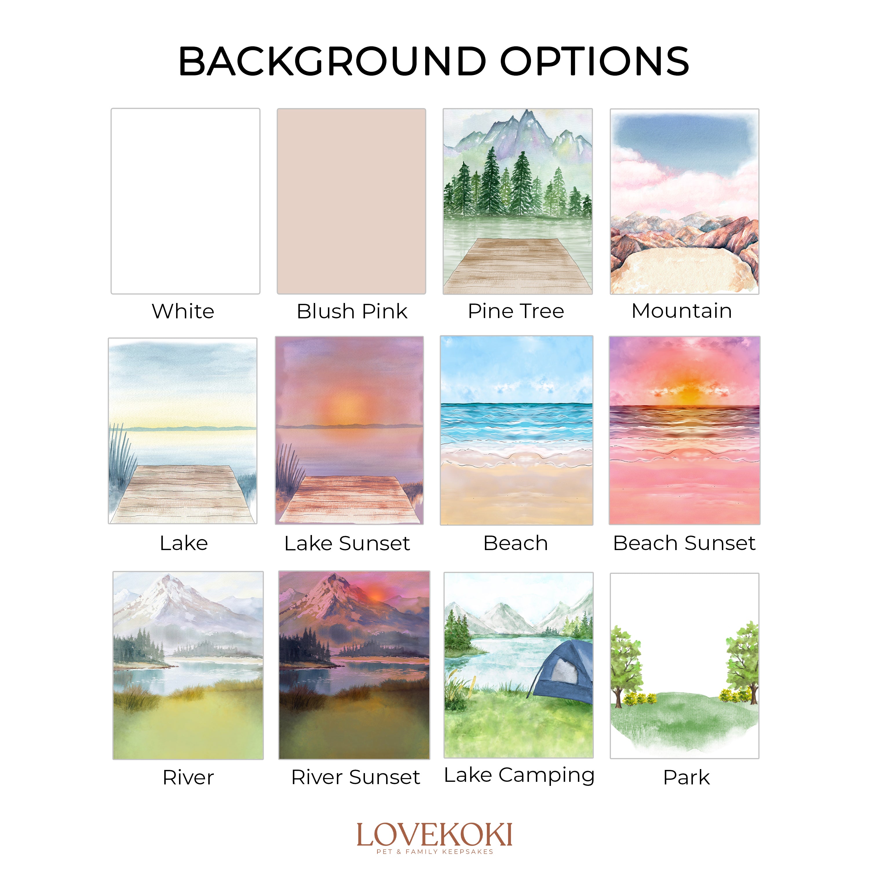 a series of watercolor paintings with the words background options
